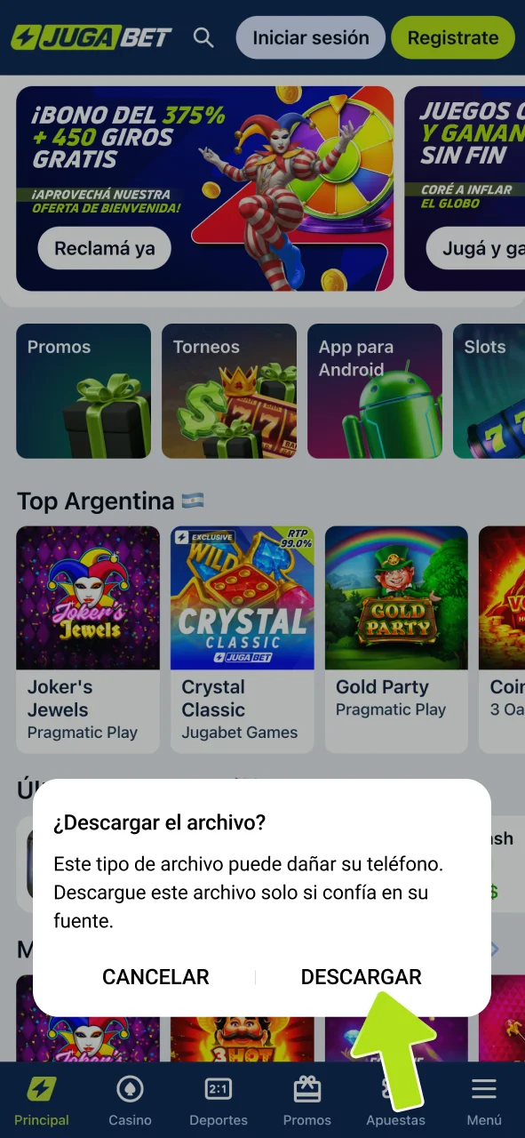 Inicia la descarga del APK de JugaBet.