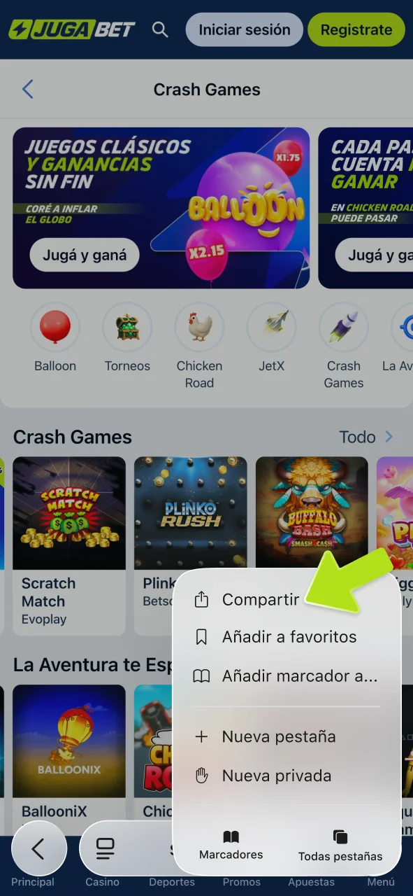 Pulsa el icono compartir para instalar JugaBet.