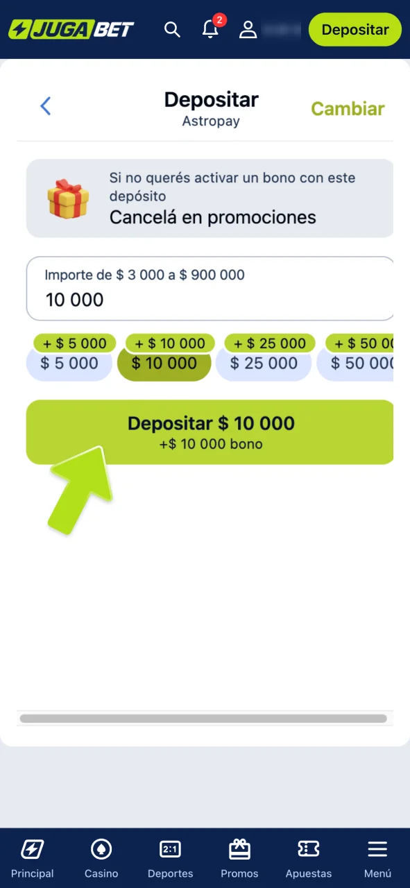 Toca depósito y carga saldo en JugaBet.