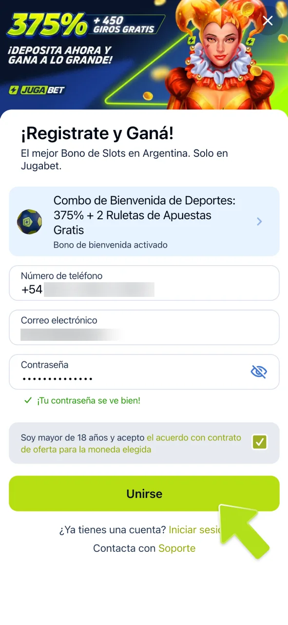 Completa el formulario y regístrate en JugaBet.