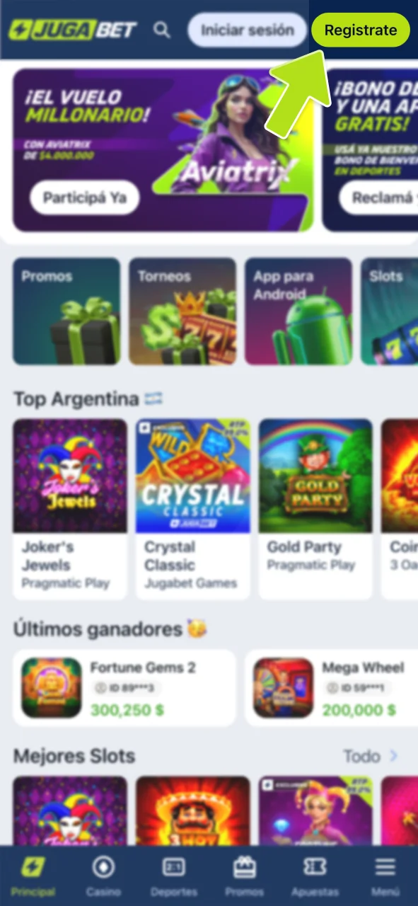Haz clic en regístrate para entrar en JugaBet.