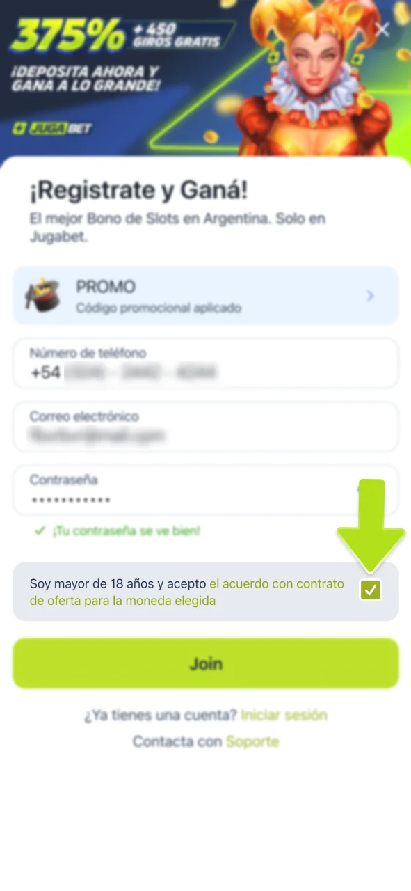 Confirma tu edad y acepta los términos en JugaBet.